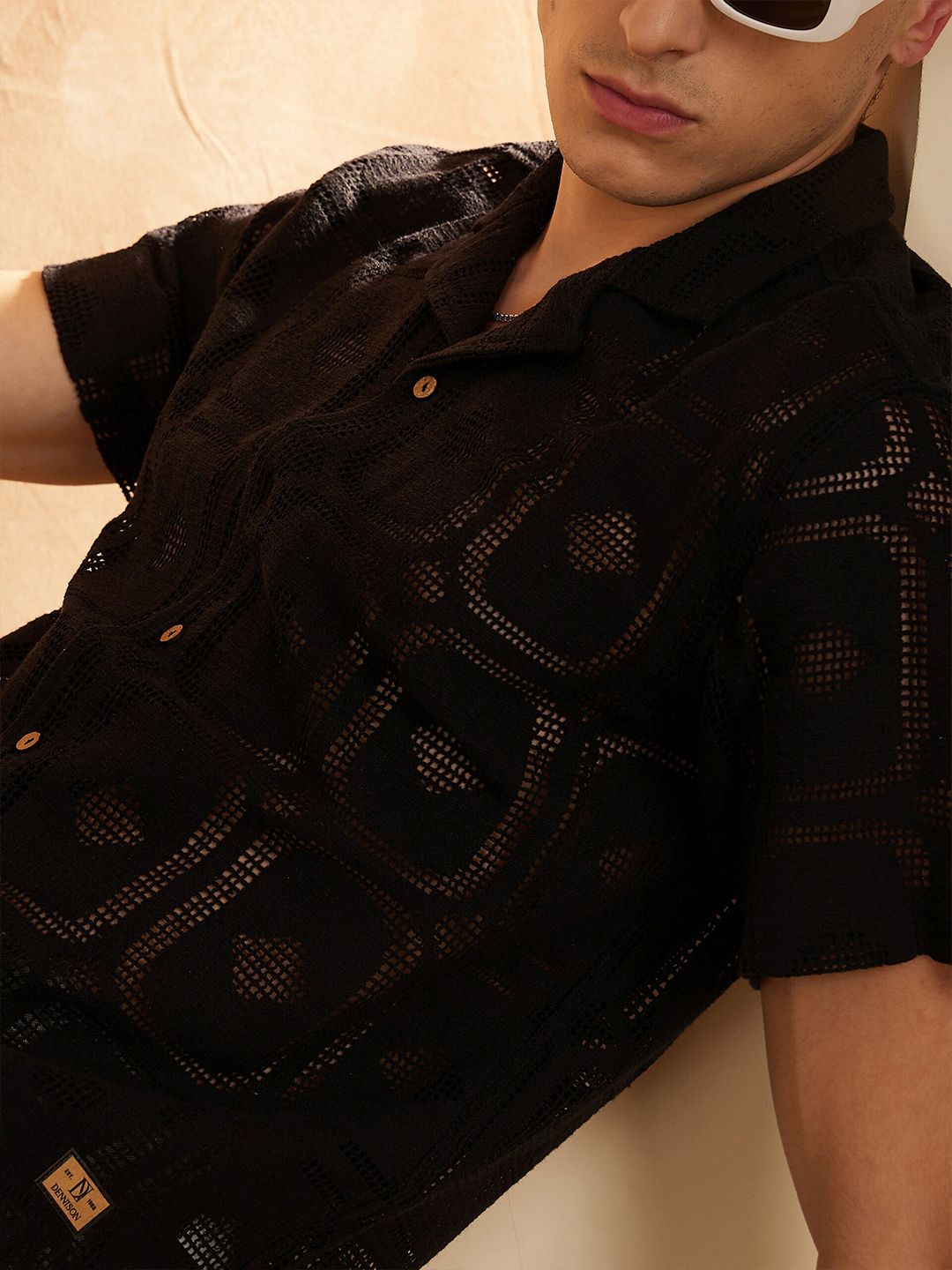 DENNISON Smart Self Designed Cuban Collar Semi Sheer Oversized Cotton Shirt