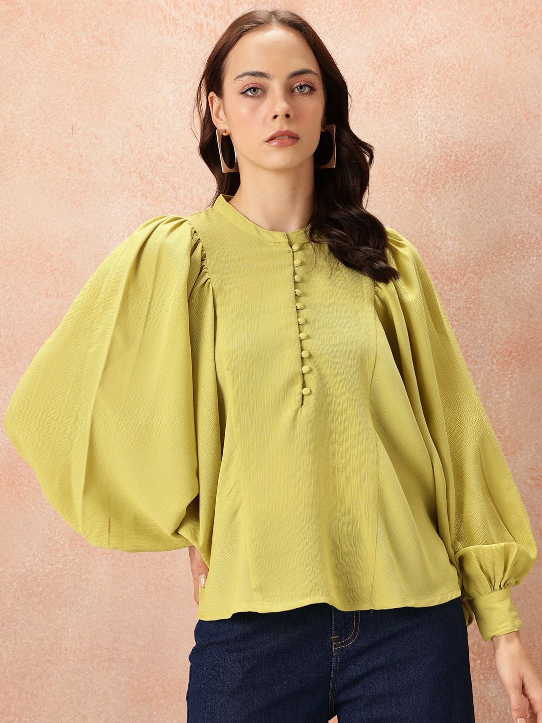 all about you Mandarin Collar Bishop Sleeves Shirt Style Top
