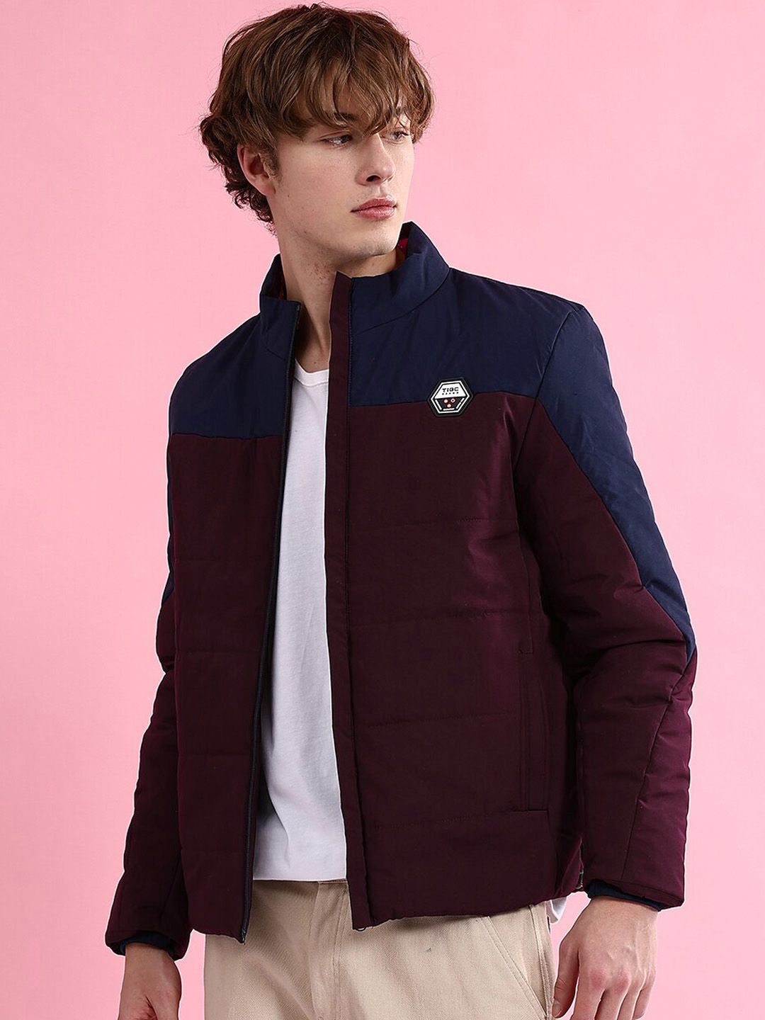 The Indian Garage Co Colourblocked Mock Collar Long Sleeves Padded Jacket