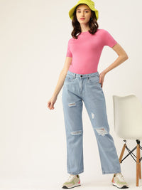 DressBerry Women Blue Pure Cotton Straight Fit High-Rise Mildly Distressed Jeans