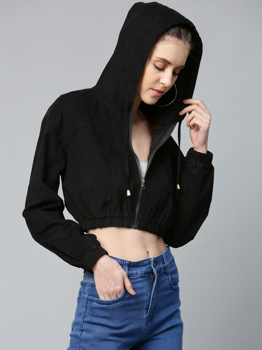 SASSAFRAS Women Black Solid Corduroy Cropped Bomber Jacket