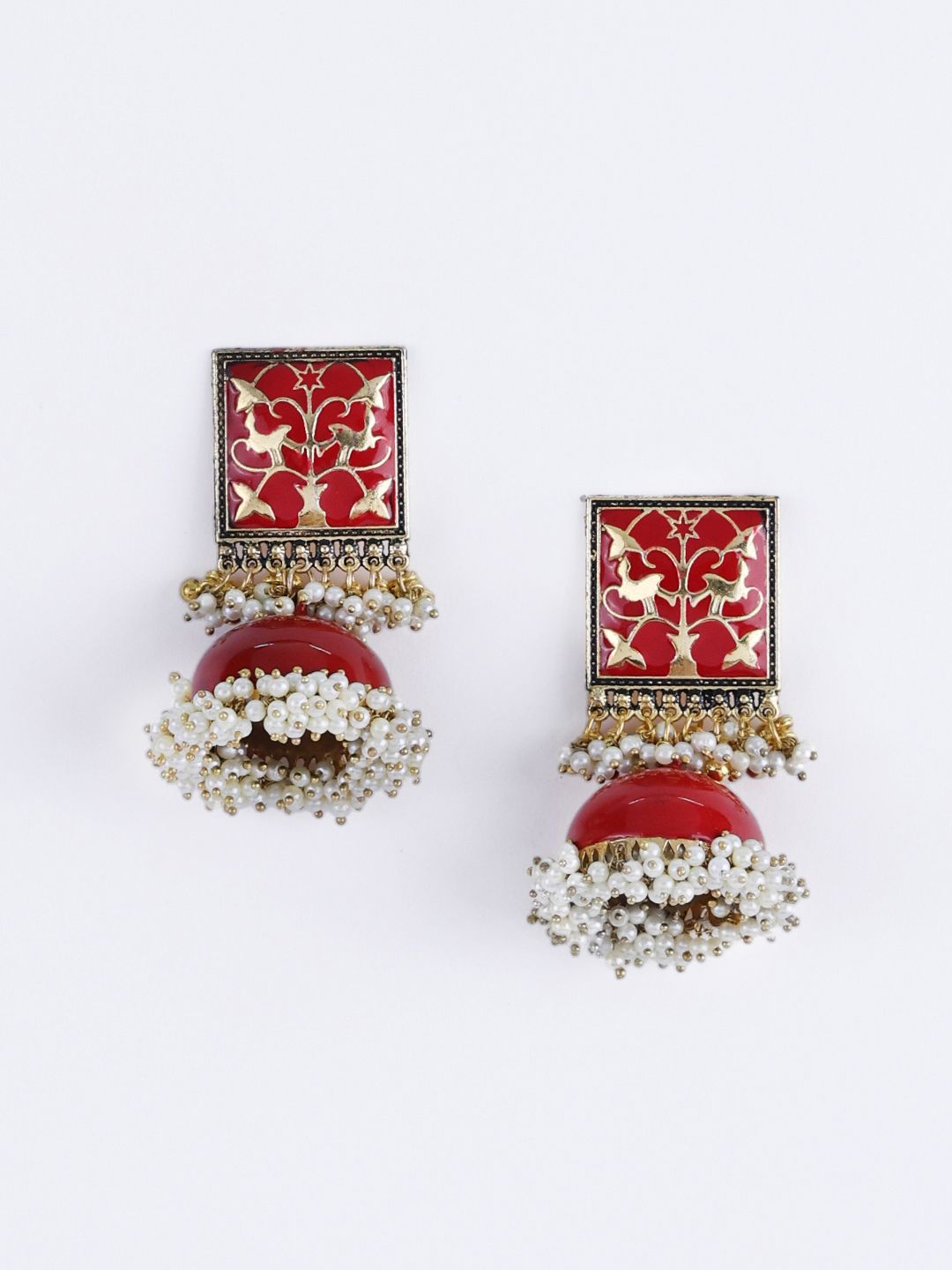 PANASH Gold-Plated Red & White Pearls Jhumka Earrings