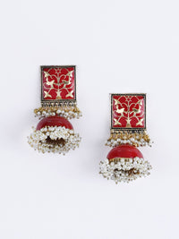 PANASH Gold-Plated Red & White Pearls Jhumka Earrings