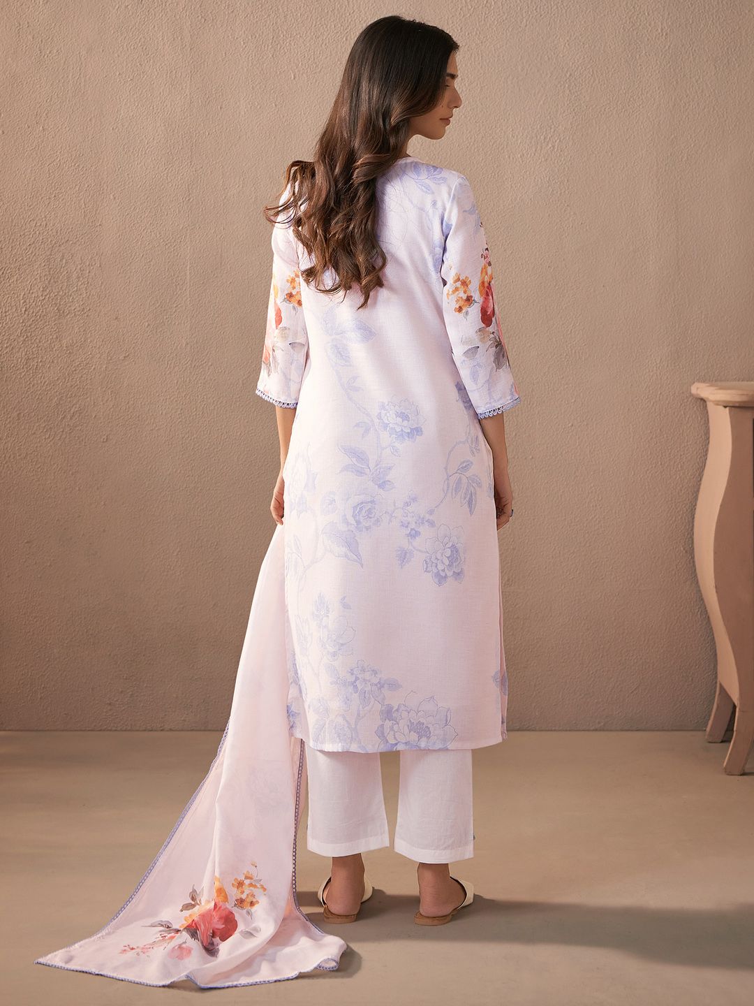 Indo Era Floral Printed Beads And Stones Linen Kurta Wiith Trousers And Dupatta