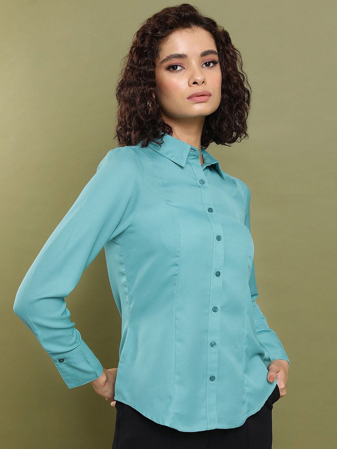 CHIC BY TOKYO TALKIES Sea Green Spread Collar Formal Shirt
