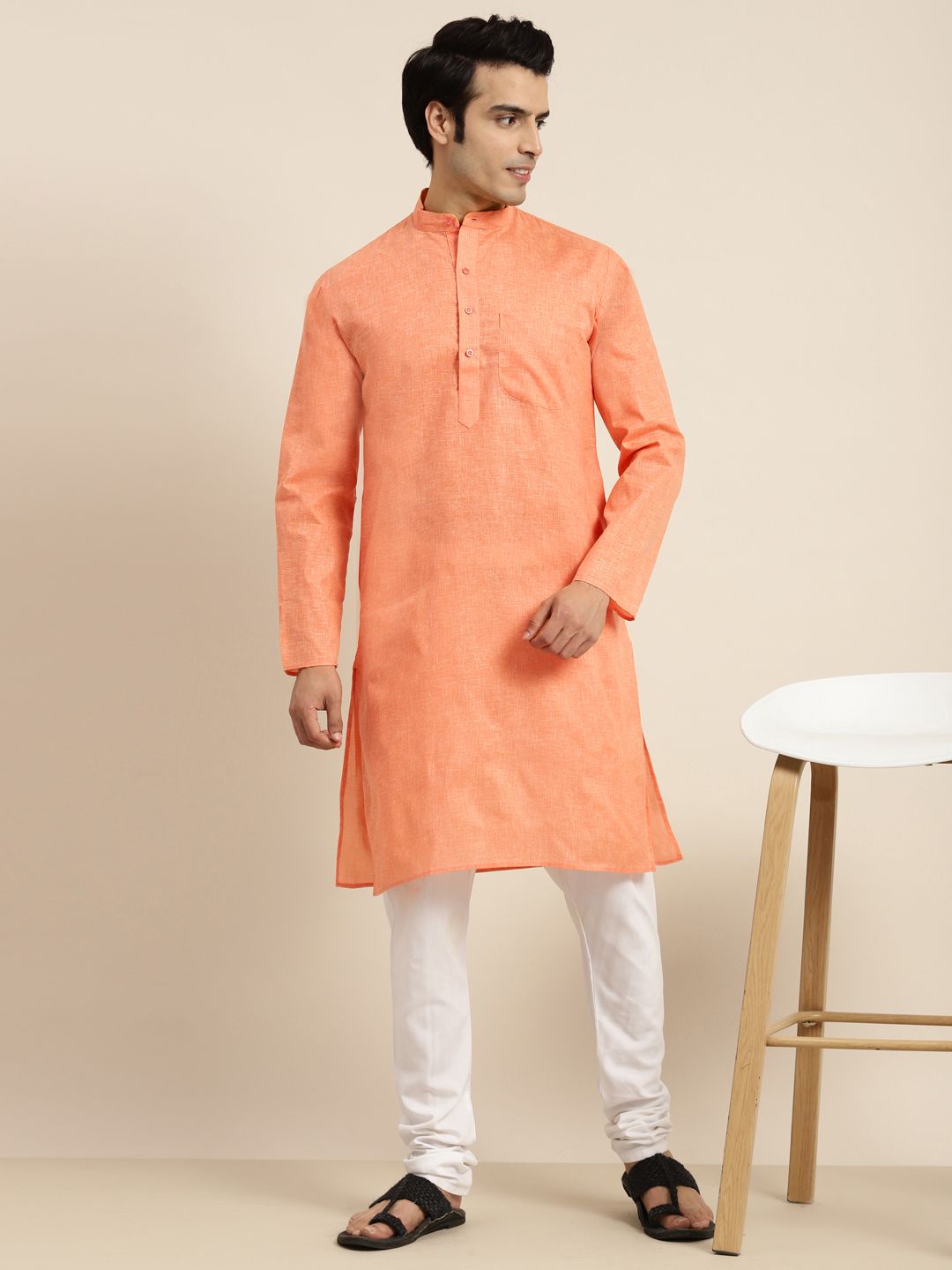 Anug by SOJANYA Men Orange Dobby Band Collar Kurta