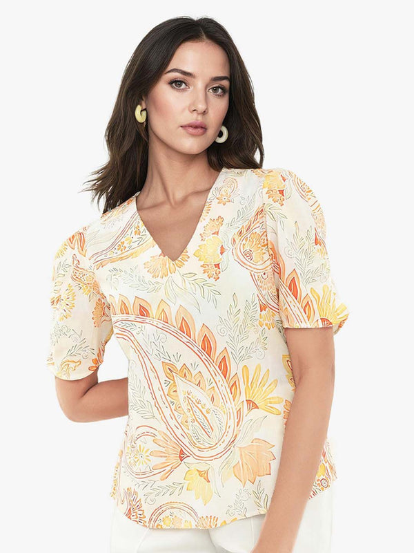 RAREISM Floral Printed Vigeveno Light V-Neck Puff Sleeves Cotton Top