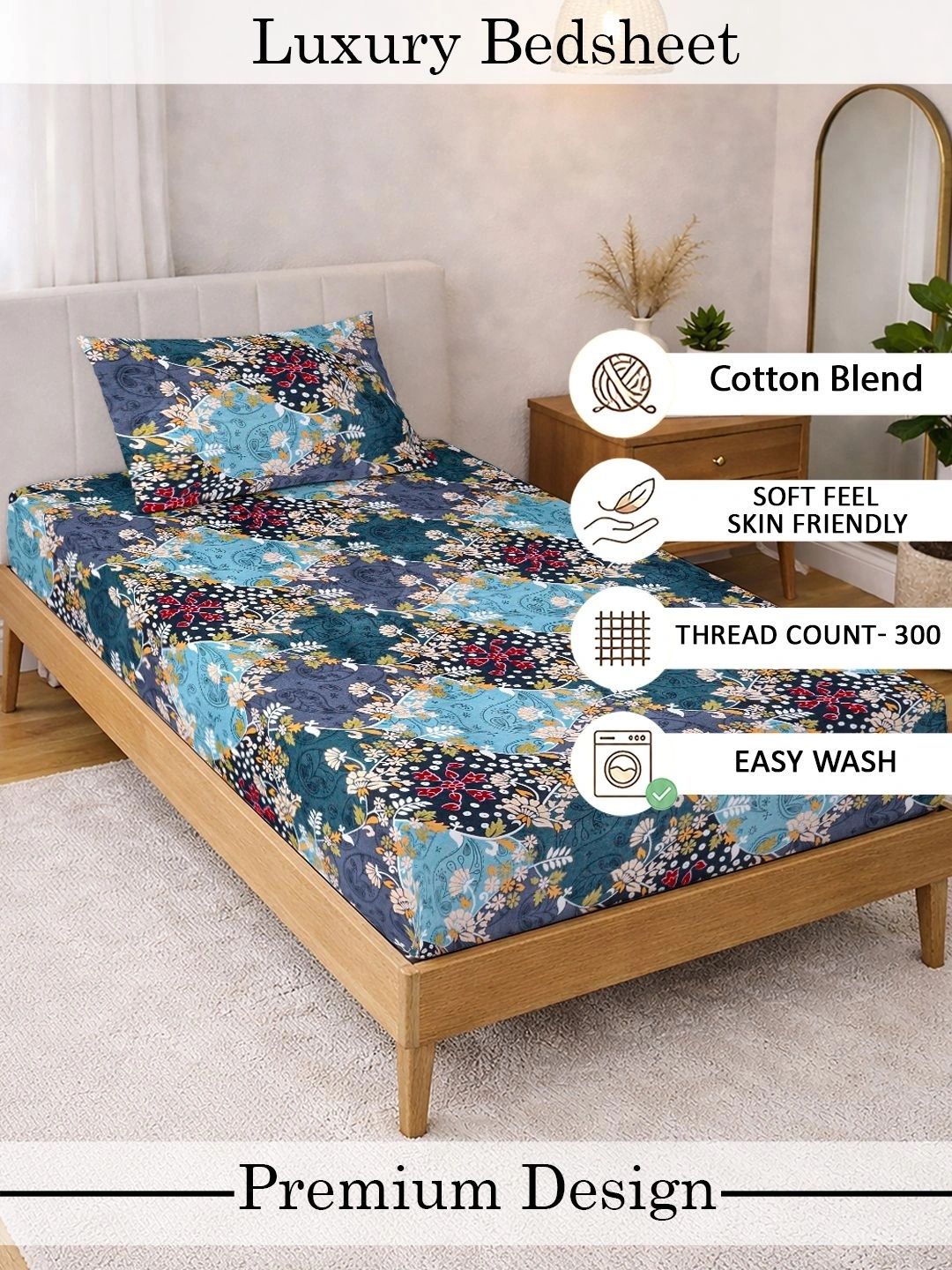 Myntra Elegant Homes Blue Floral 300 TC Single Bedsheet with 1 Pillow Covers