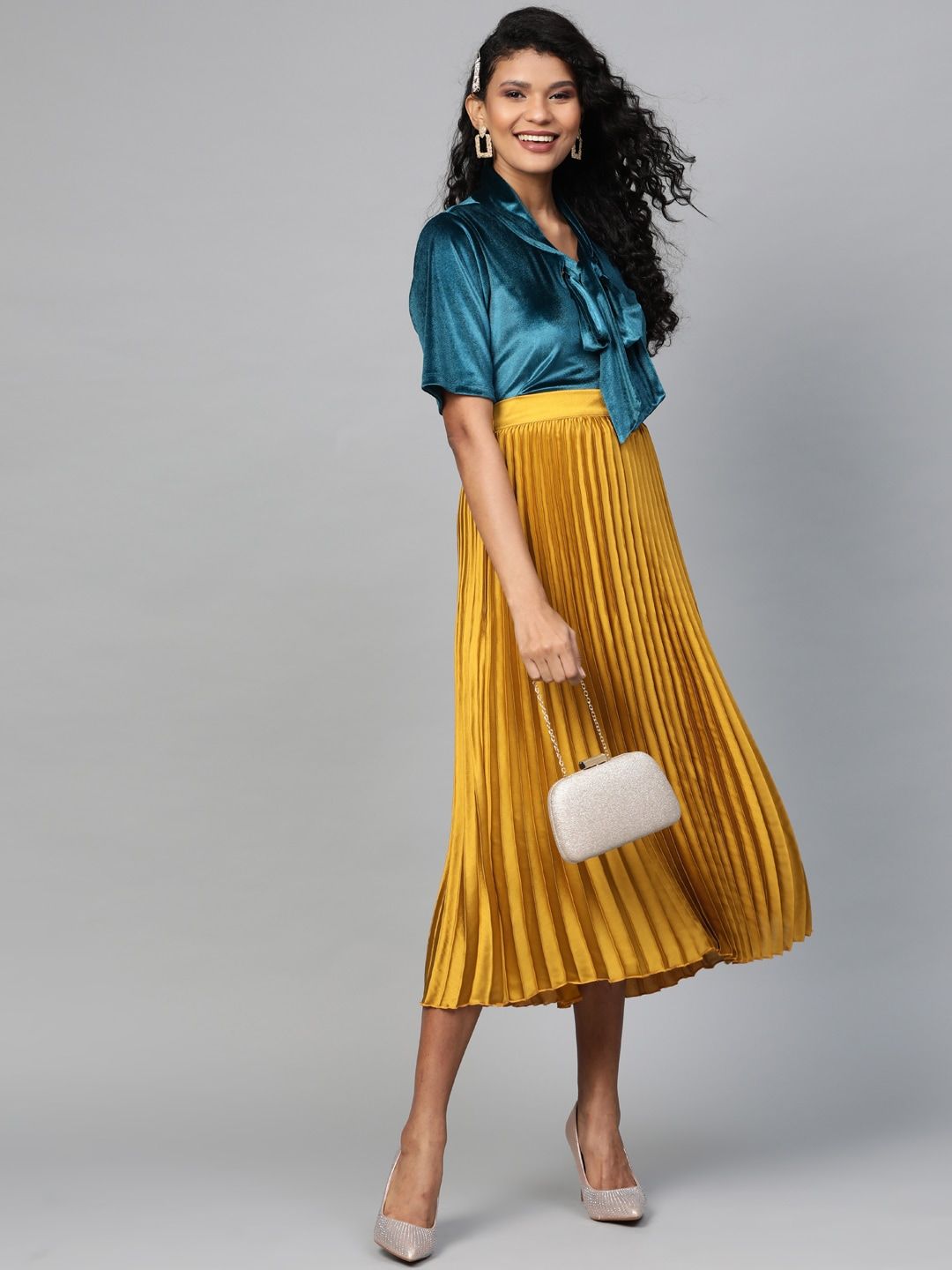 SASSAFRAS Mustard Yellow Accordion Pleated Satin Finish Flared Midi Skirt