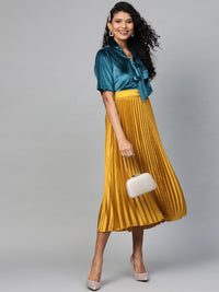 SASSAFRAS Mustard Yellow Accordion Pleated Satin Finish Flared Midi Skirt