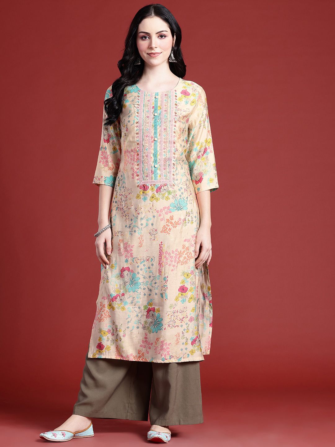 Anouk Floral Printed Lace Insert Detail Straight Kurta