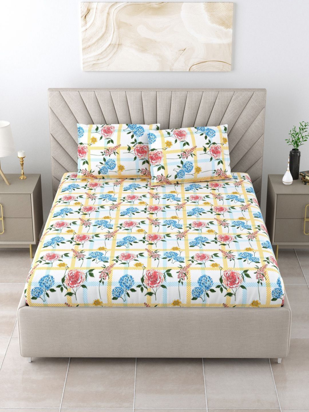 BOMBAY DYEING Florentine White Floral Pure Cotton 144TC Queen Bedsheet Set 2.28 m X 2.54 m