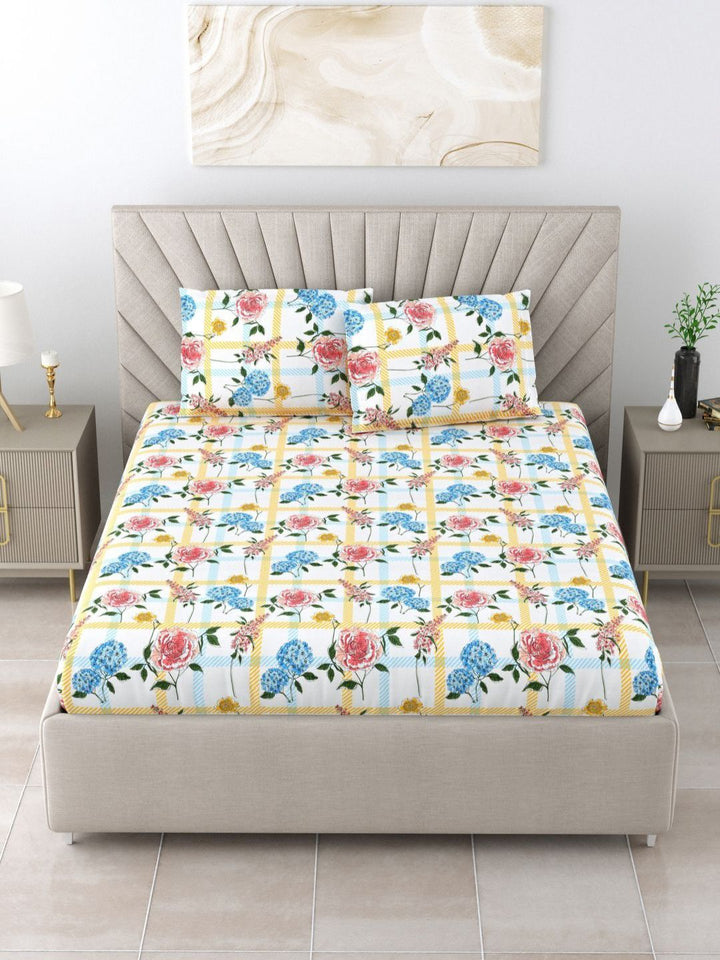 BOMBAY DYEING Florentine White Floral Pure Cotton 144TC Queen Bedsheet Set 2.28 m X 2.54 m
