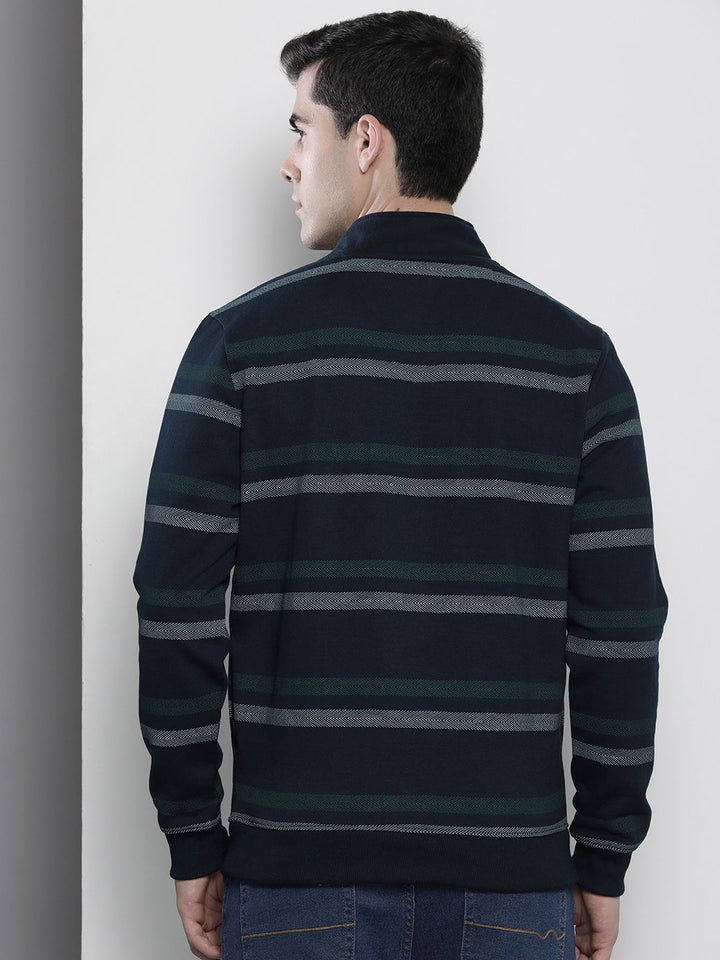 The Indian Garage Co Men Navy Blue & Green Striped Sweatshirt