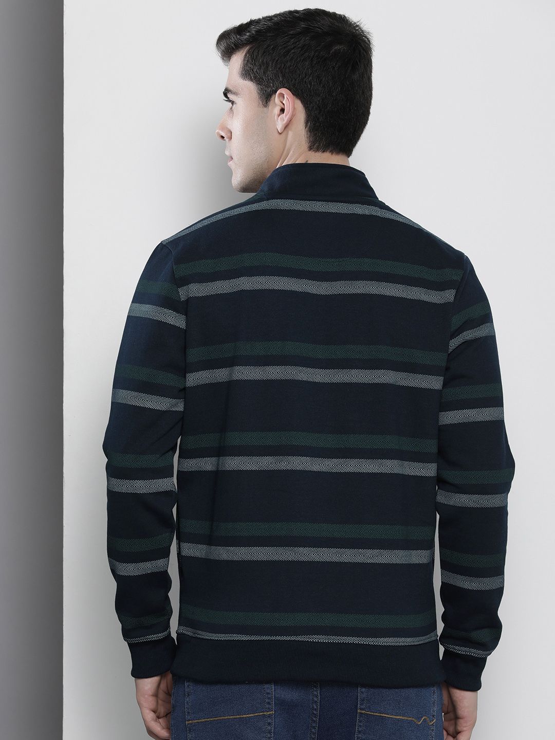 The Indian Garage Co Men Navy Blue & Green Striped Sweatshirt