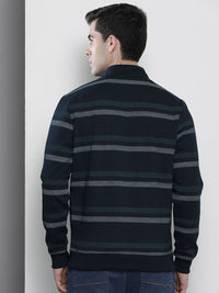 The Indian Garage Co Men Navy Blue & Green Striped Sweatshirt