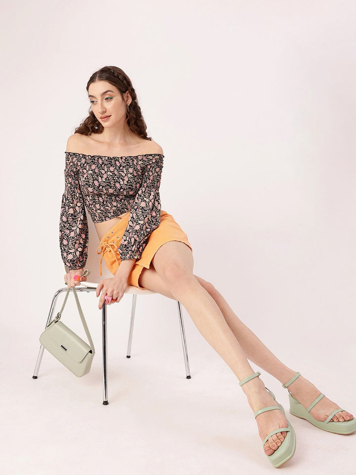 DressBerry Smocked Floral Printed Off-Shoulder Fitted Crop Top