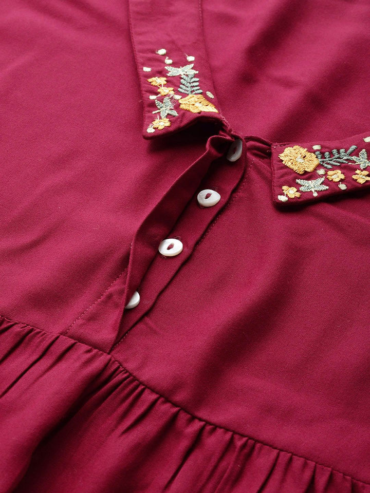 Dressberry magenta & beige pepejal ecovero sulaman terperinci A-line atas