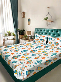 Myntra Elegant Homes White Cartoon Characters 300 TC King Bedsheet with 2 Pillow Covers