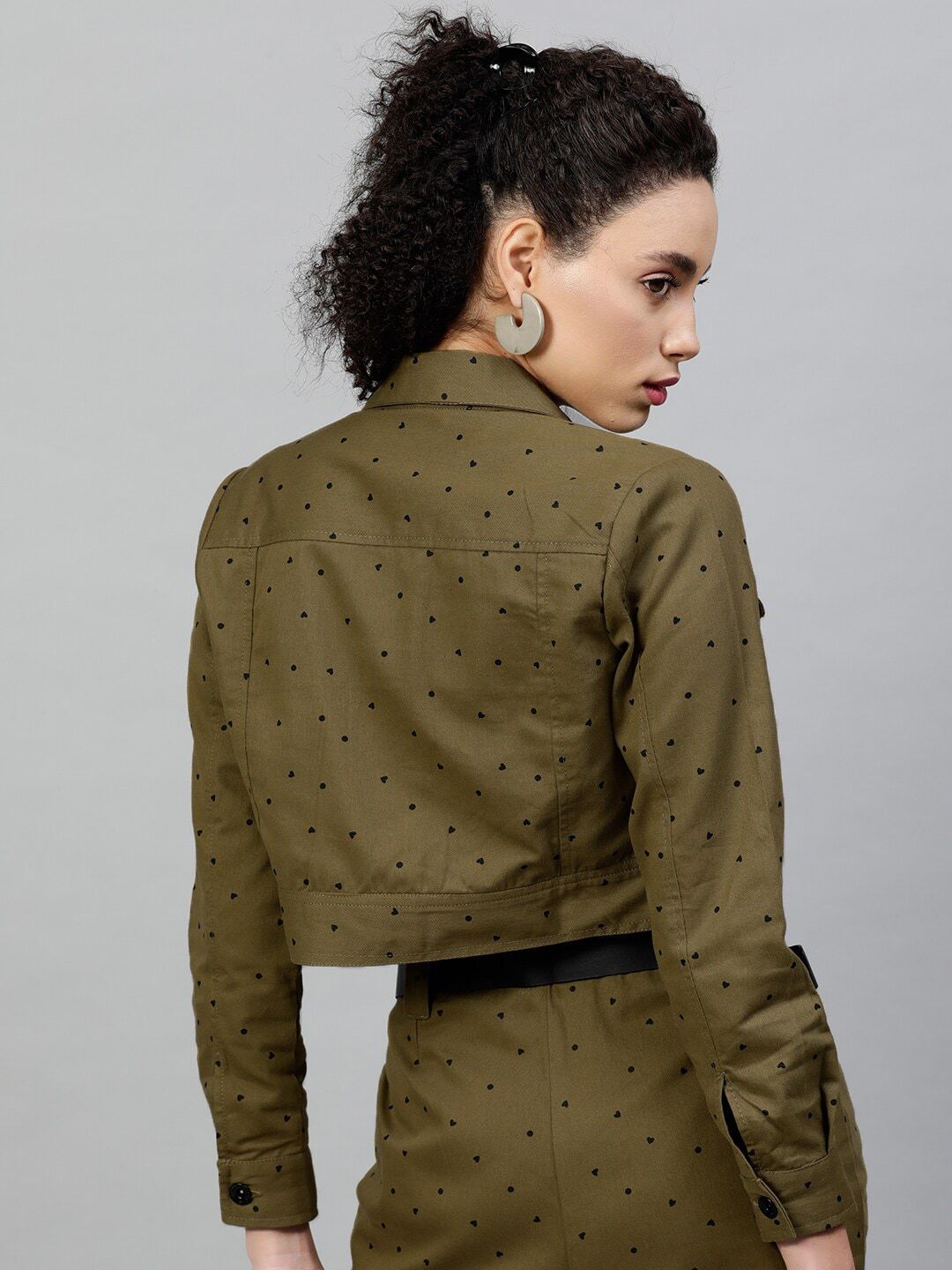 Street 9 Wanita Olive Hijau & Hitam Bercetak Jaket Denim Tanaman Cotton Lightweight