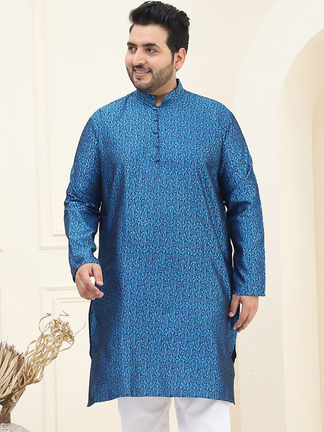 SOJANYA PLUS Men Plus Size Blue Woven Design Jacquard Straight Kurta