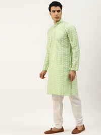 SOJANYA Lelaki Motif Etnik Kelabu & Hijau Kurta Sulam Churidar