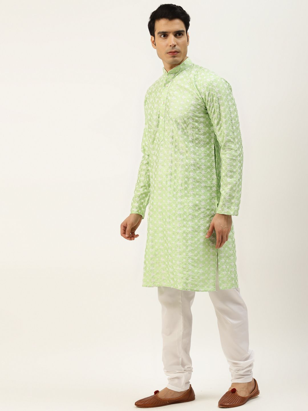 SOJANYA Lelaki Motif Etnik Kelabu & Hijau Kurta Sulam Churidar
