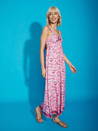 SASSAFRAS Pink Floral Printed Cut Out A-Line Dress