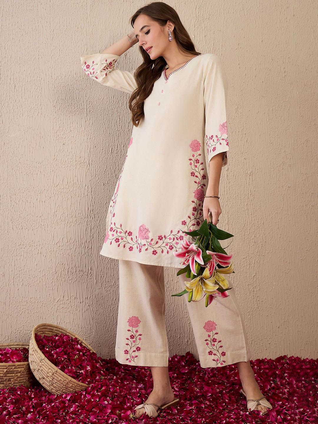 Indo Era Women Floral Embroidered Regular Thread Work Pure Cotton Kurta with Palazzos