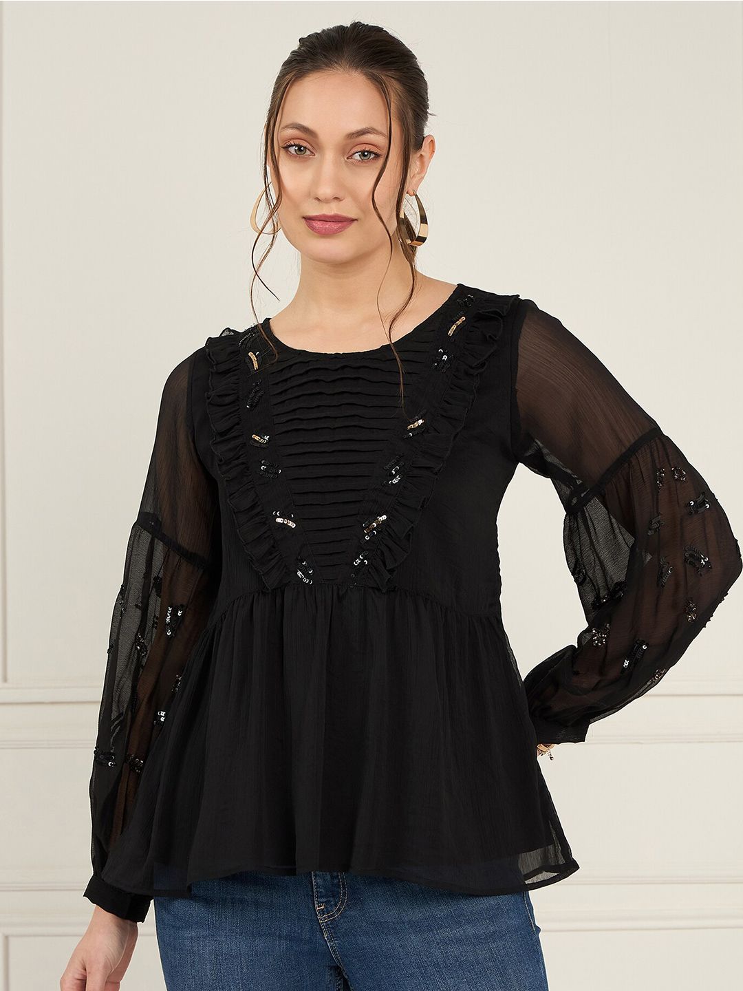 Antheaa Sequined Cuffed Sleeves A-Line Top with Pleated Detail