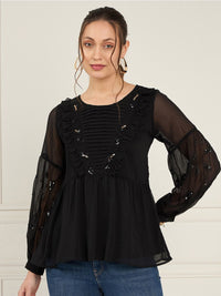 Antheaa Sequined Cuffed Sleeves A-Line Top with Pleated Detail