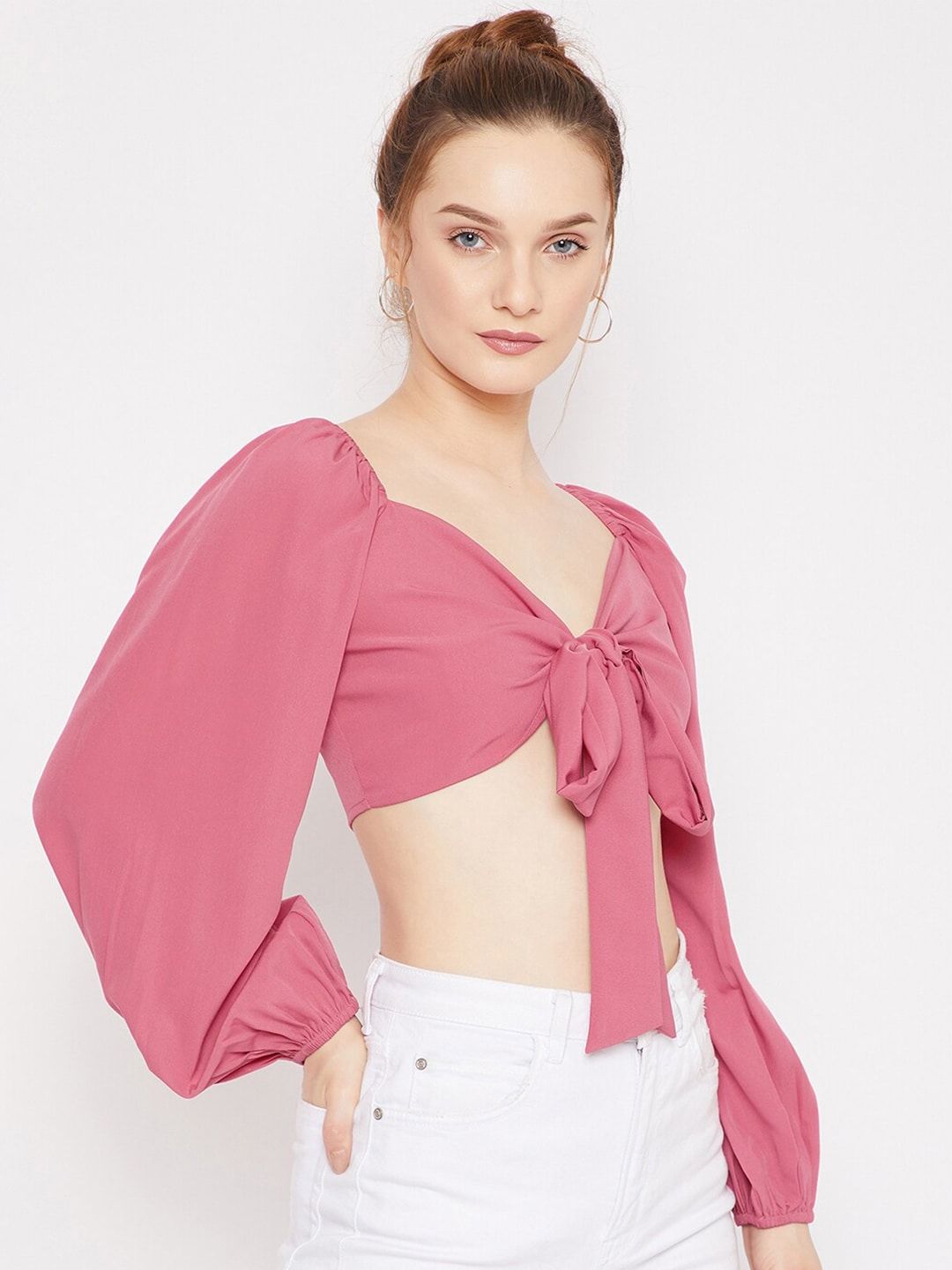 Berrylush Pink Sweetheart Neck Crepe Crop Top