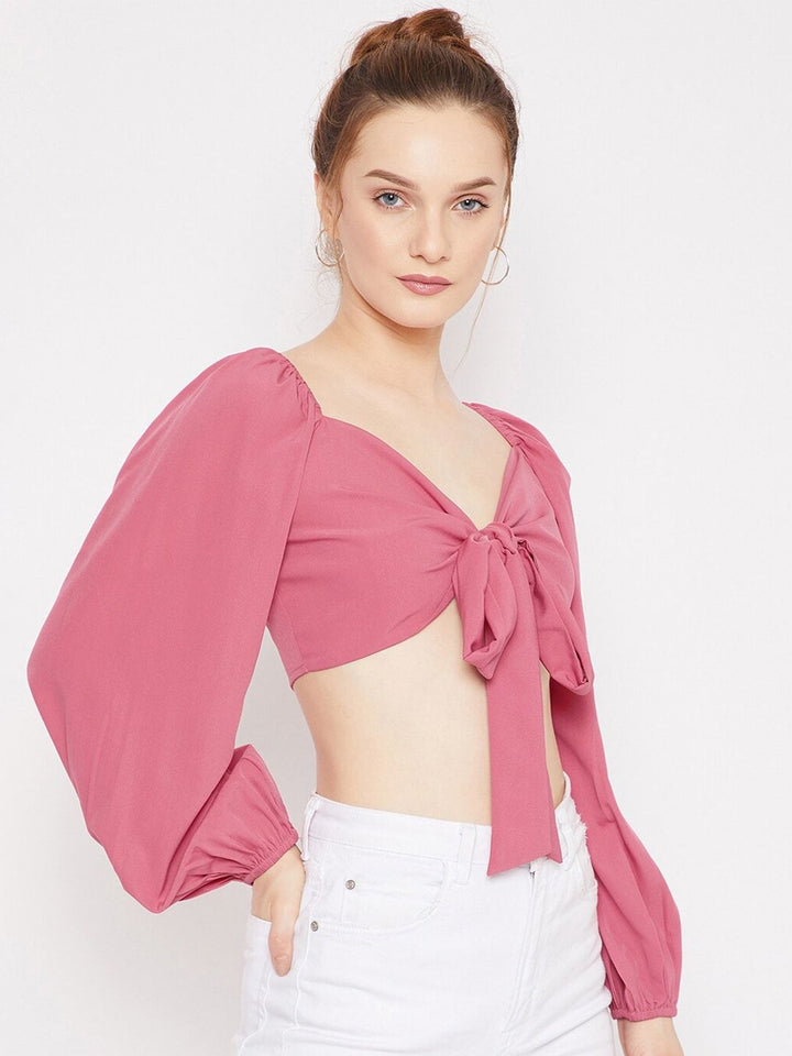 Berrylush Pink Sweetheart Neck Crepe Crop Top