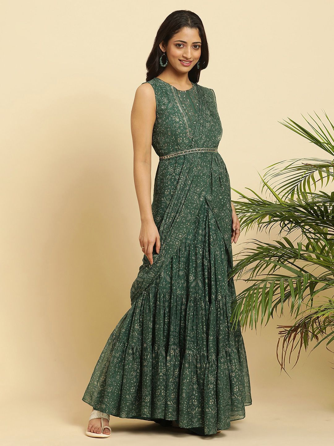 W Ethnic Motifs Printed Sequined Chiffon Tiered Maxi Ethnic Dress With Attached Dupatta