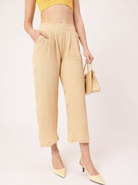 DressBerry Women Street Savvy Seersucker Textured Pleated High-Rise Crop Trousers