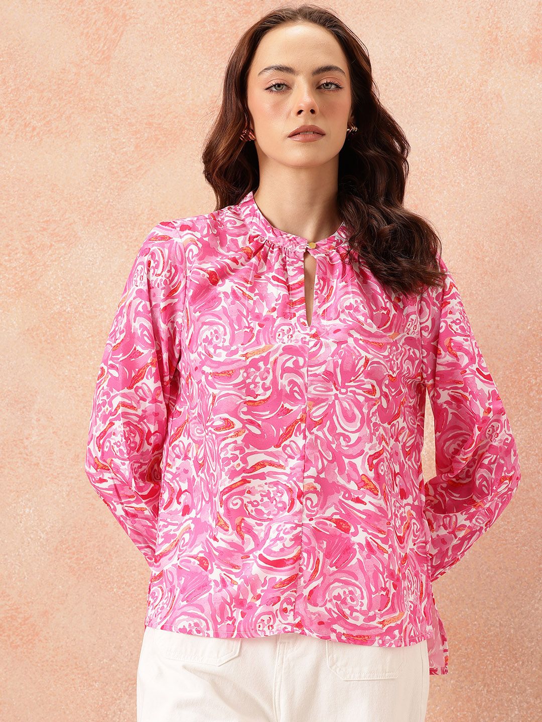 all about you Abstract Print Mandarin Collar Bishop Sleeves Top