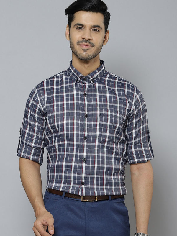 DENNISON Men Grey & White Pure Cotton Smart Slim Fit Tartan Checks Checked Formal Shirt