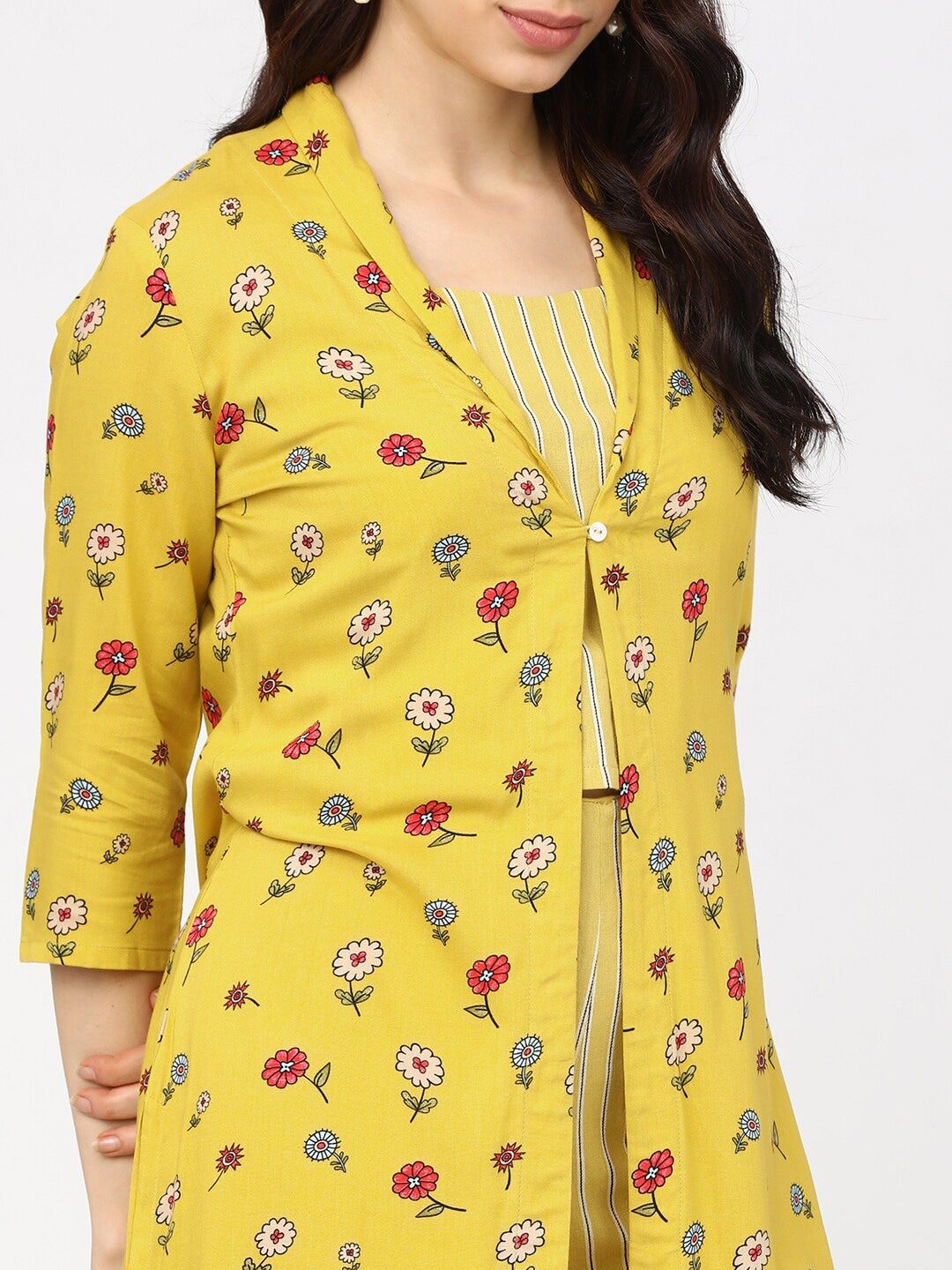 Vishudh Women Yellow Striped Regular Top with Palazzos & Jacket