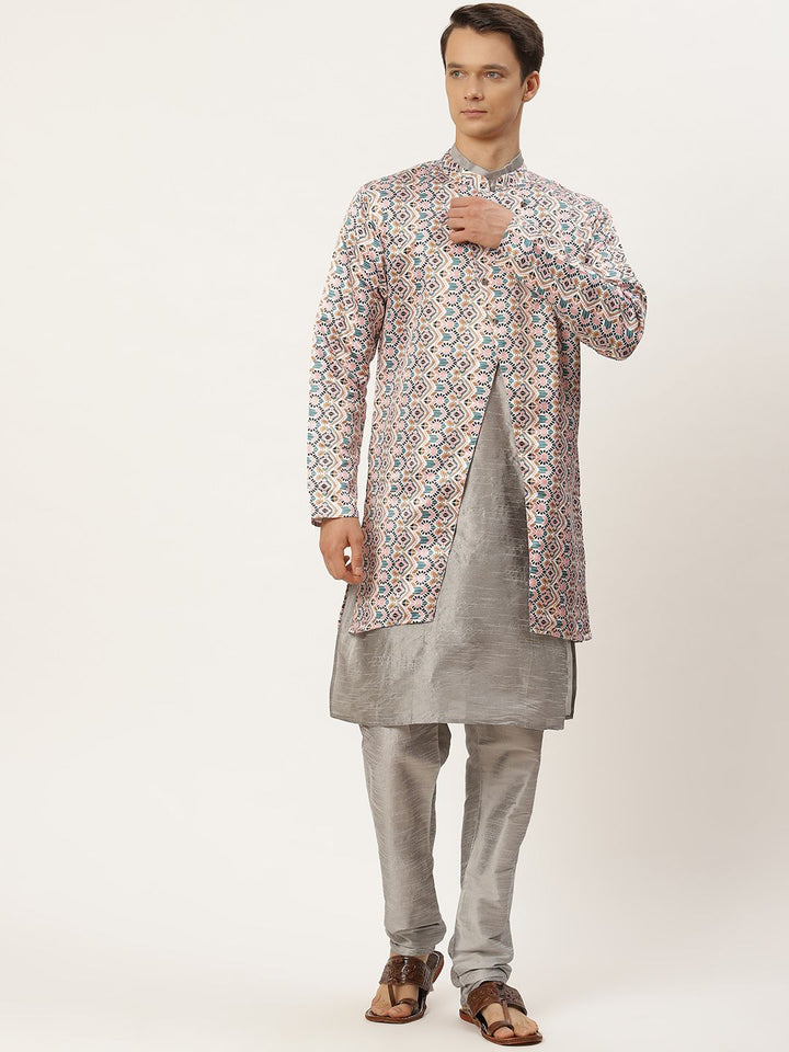 SOJANYA Men Grey & Pink Kurta with Churidar