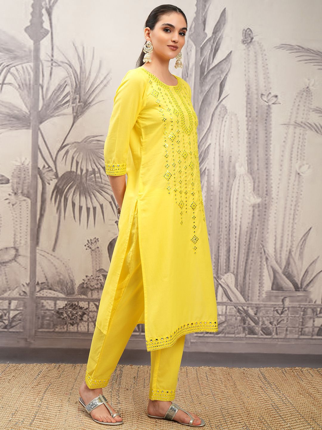 Vishudh Yellow Round Neck Ethnic Motifs Embroidered Pure Cotton Straight Kurta Set