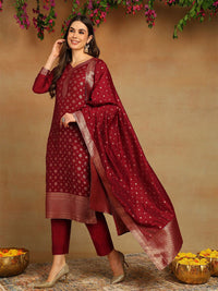 KALINI Floral Woven Design Zari Straight Kurta With Trousers & Dupatta