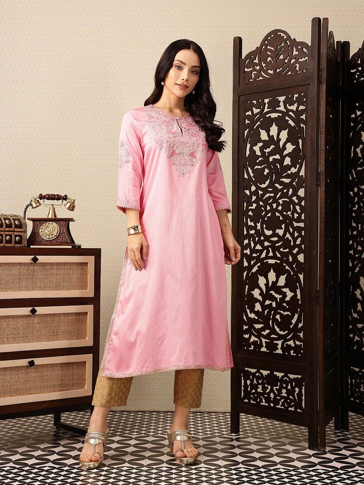 House of Pataudi Floral Yoke Design Keyhole Neck Sequinned Jashn Kurta