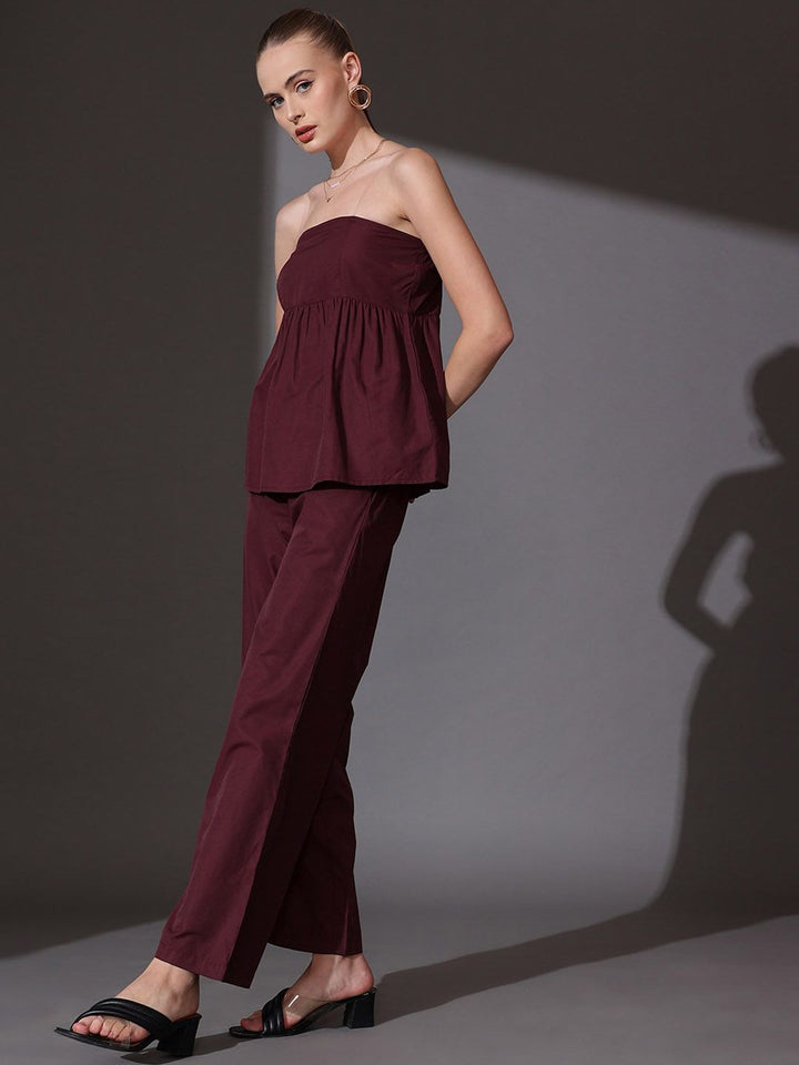STREET 9 Solid Off Shoulder Pure Cotton Top & Palazzos Co-Ord Set