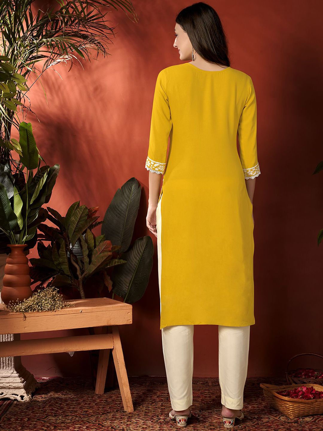 Anouk Yellow Floral Embroidered Round Neck Straight Kurta