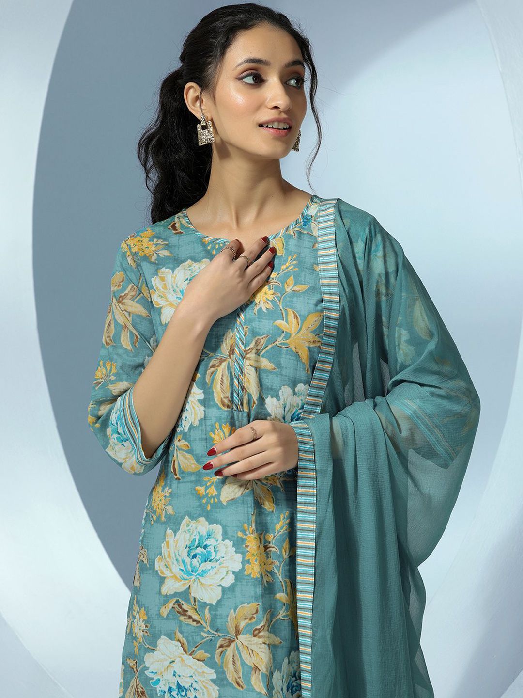 Libas Women Floral Printed Regular Pure Cotton Kurta with Palazzos & With Dupatta