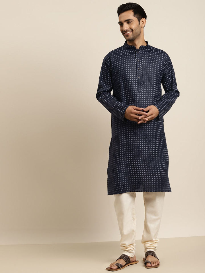 SOJANYA Lelaki Navy Blue & White Geometric Printed Kurta