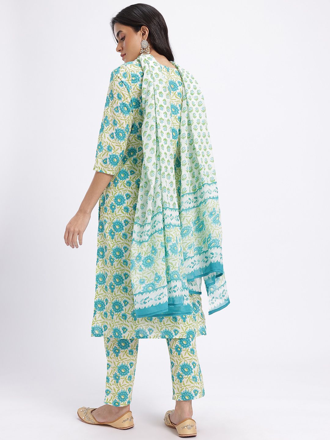 Anouk Floral Printed Pure Cotton Straight Kurta with Trousers & Dupatta