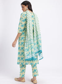 Anouk Floral Printed Pure Cotton Straight Kurta with Trousers & Dupatta