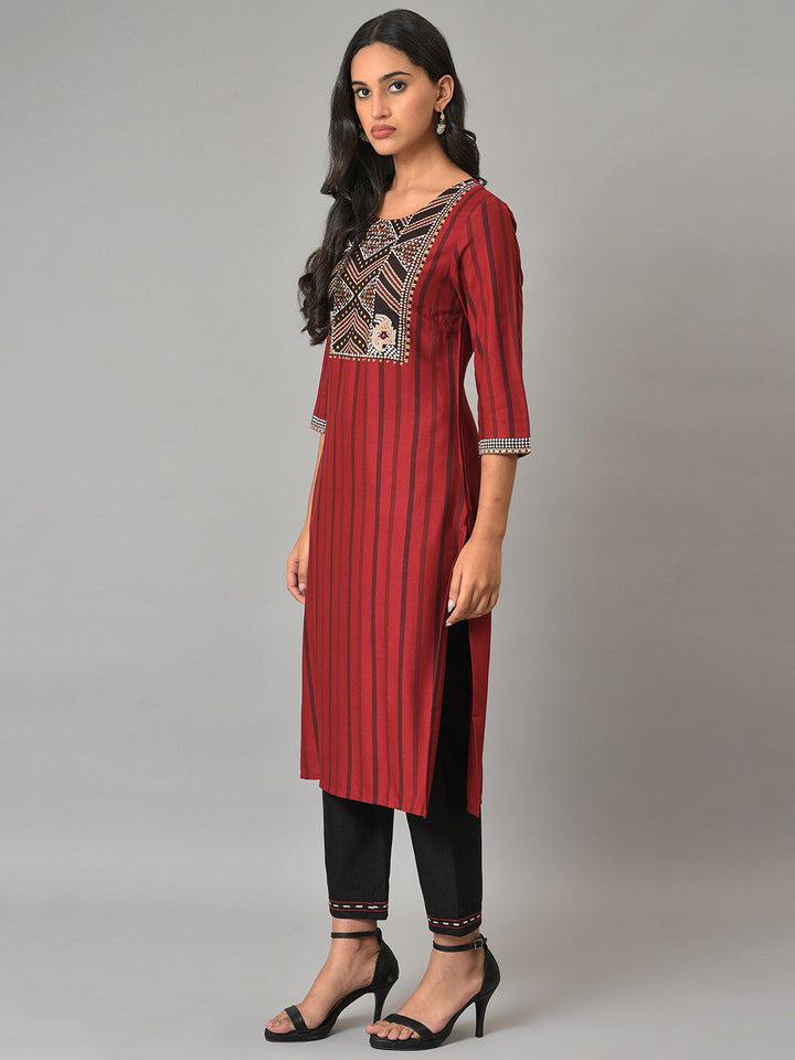 W Women Round Neck Striped Kurta