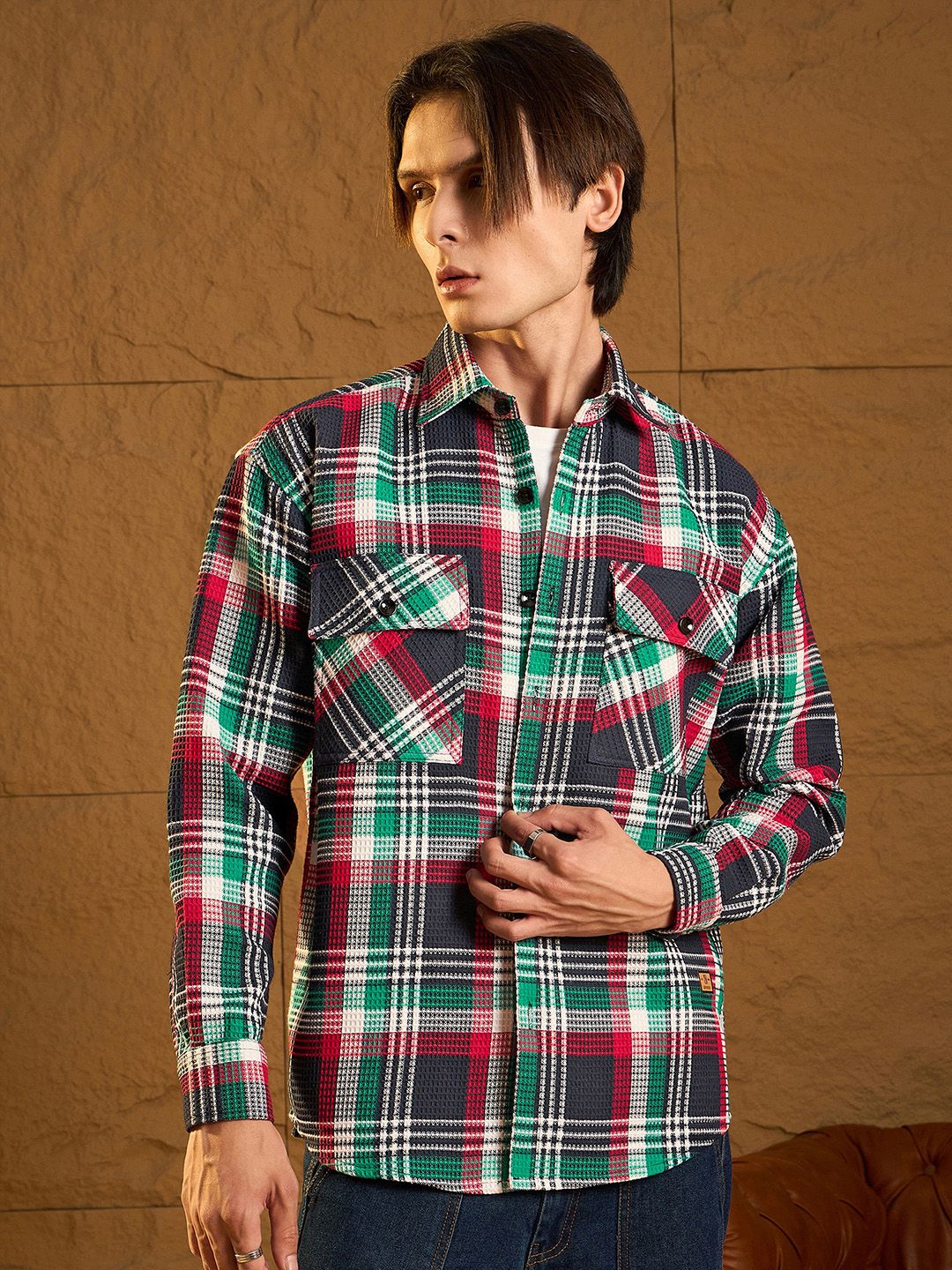 DENNISON Men Double Pocket Drop Shoulder Oversized Cotton Checked Shacket